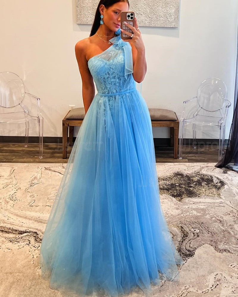Light Blue Ruched One Shoulder Lace Applique Tulle Prom Dress PM2659