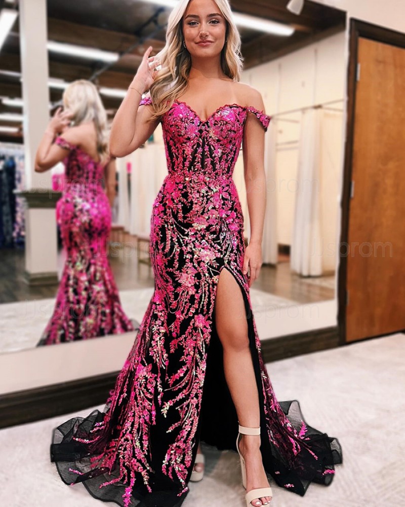 Lace Sequin Off the Shoulder Fuchsia Prom Dress with Side Slit PM2660