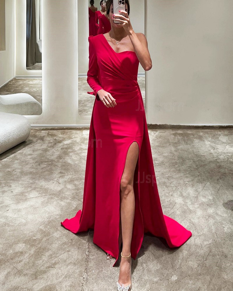 Long Sleeve One Shoulder Burgundy Ruched Evening Dress with Side Slit PM2666