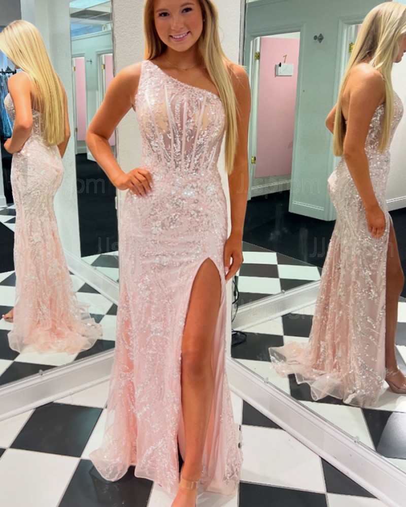 Light Pink Lace Sequin One Shoulder Prom Dress with Side Slit PM2671