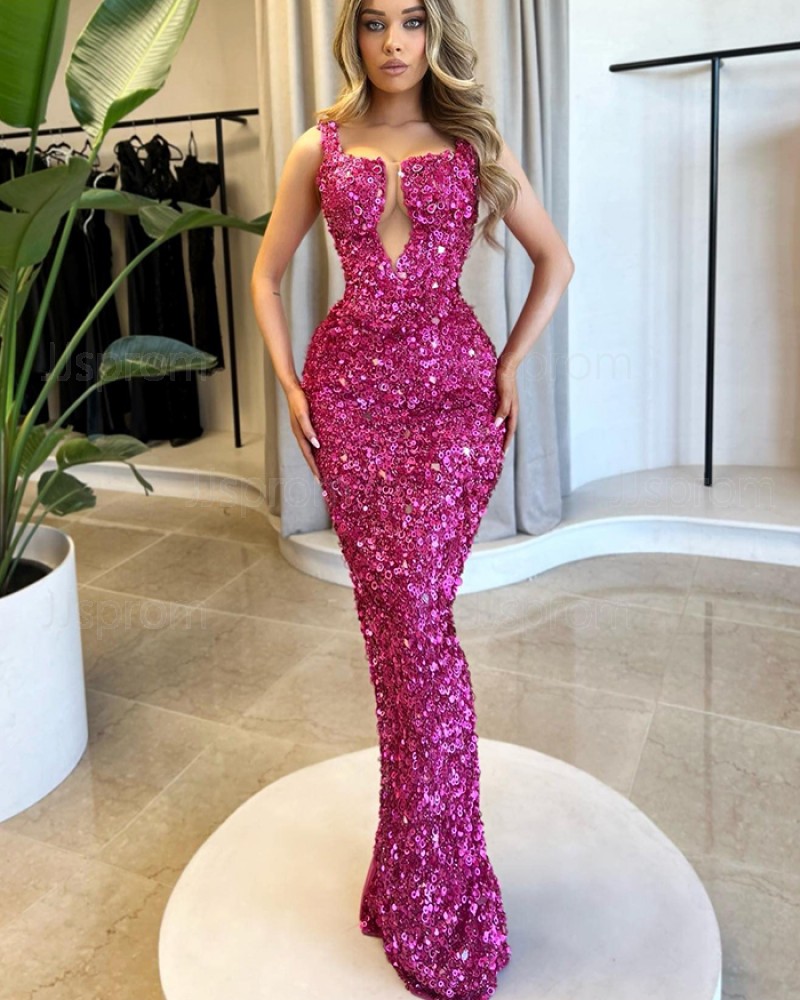 Fuchsia Special Sequin Square Neckline Mermaid Evening Dress PM2688