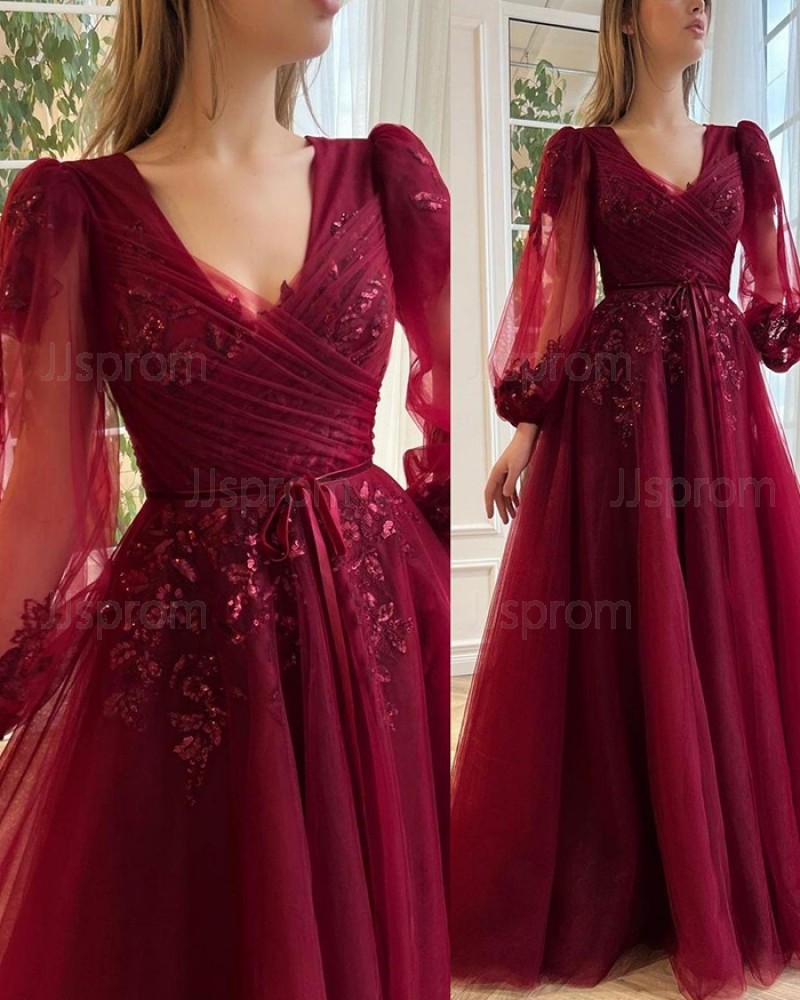 Burgundy Ruched Beading Tulle V-neck Prom Dress with Long Sleeves PM2697