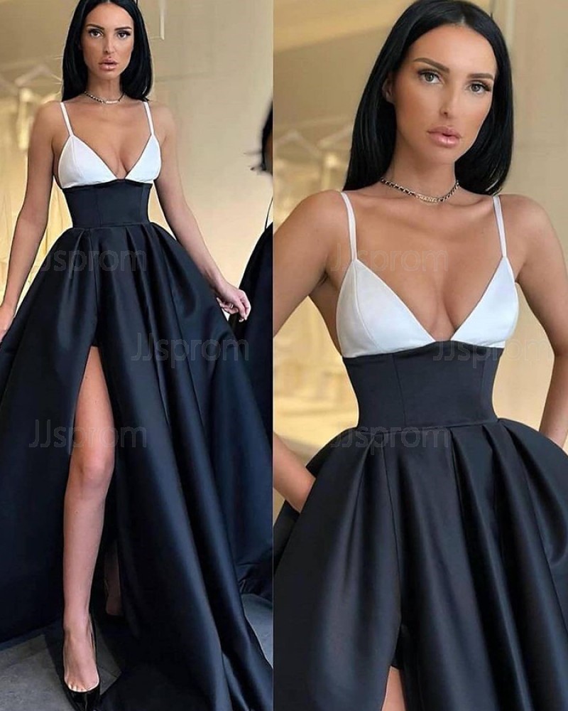 White & Black Spaghetti Straps Evening Dress with Side Slit PM2698