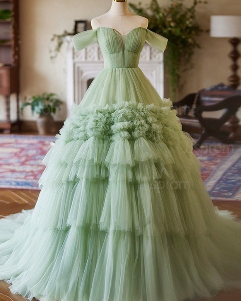 Ruffle Off the Shoulder Mint Tulle Evening Dress PM2704