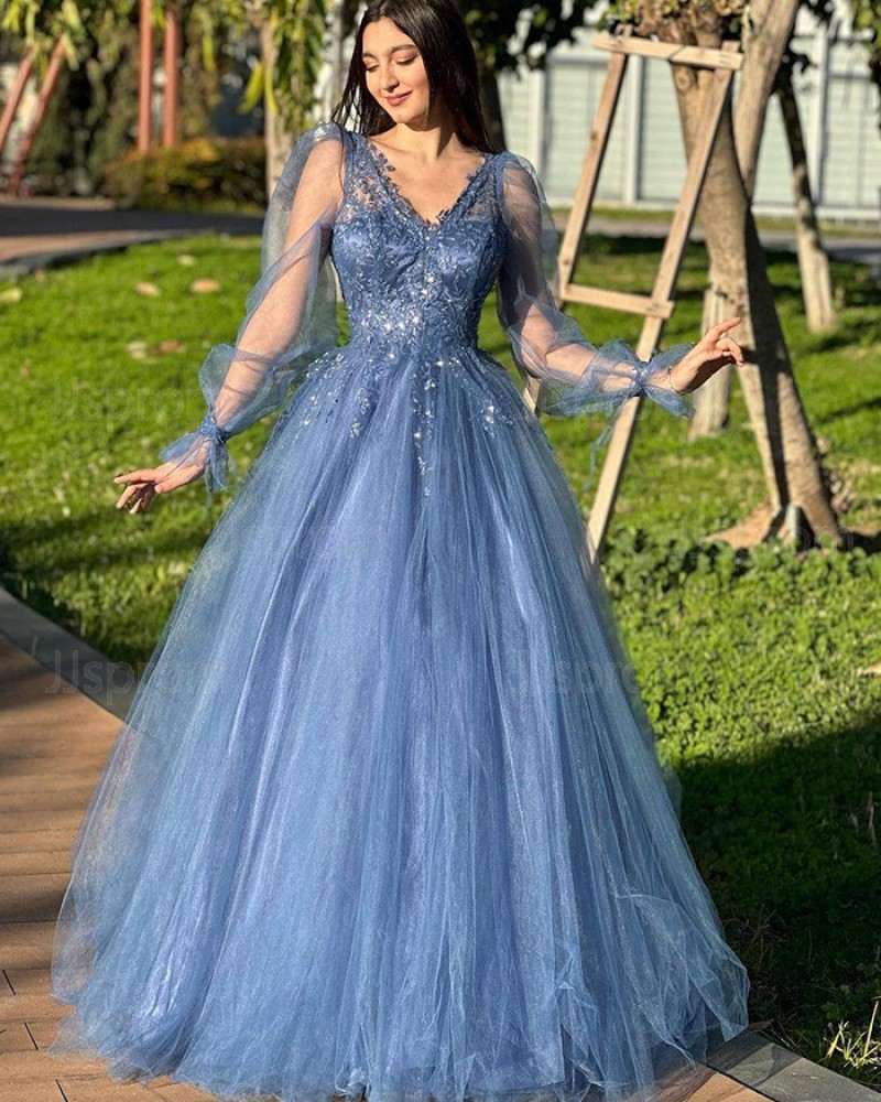 Navy Blue Beading Bodice V-neck Prom Dress with Long Sleeves PM2711