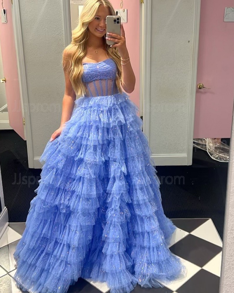 Light Blue Sparkle Strapless Layered Skirt Prom Dress PM2716