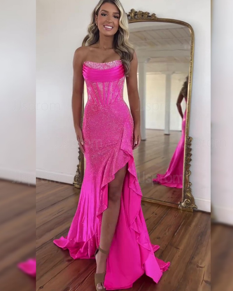 Ruched Pink Strapless Mermaid Sparkle Prom Dress With Side Slit PM2727
