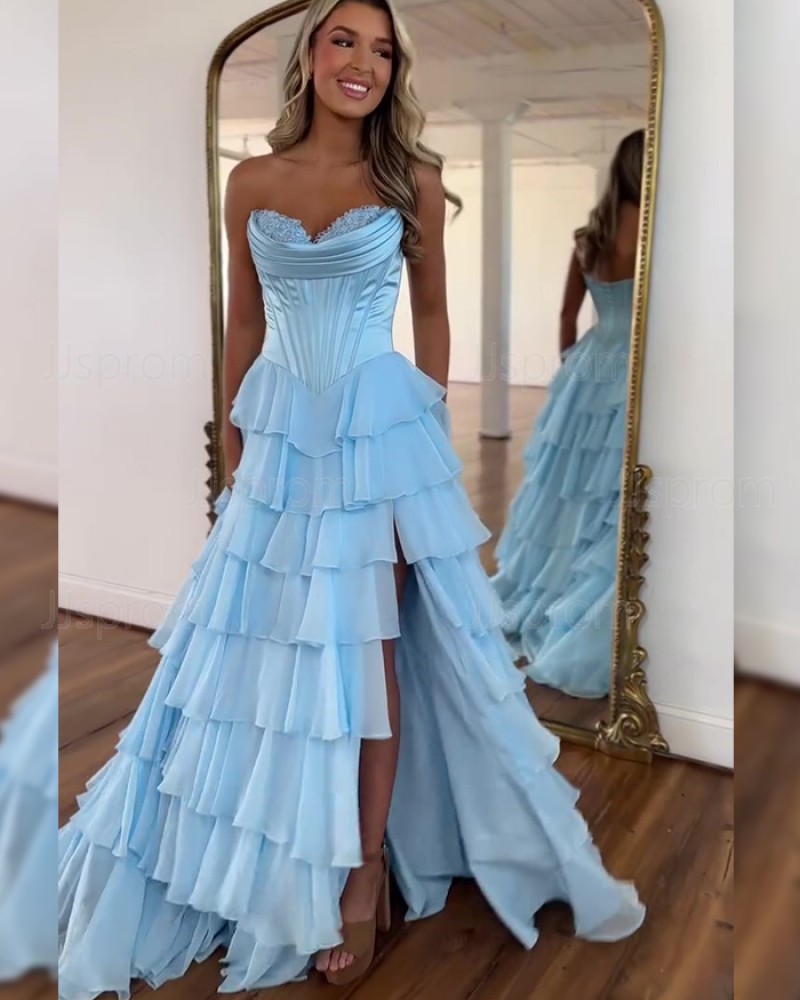 Light Blue Sweetheart Chiffon Side Slit Prom Dress With Layered Skirt PM2731