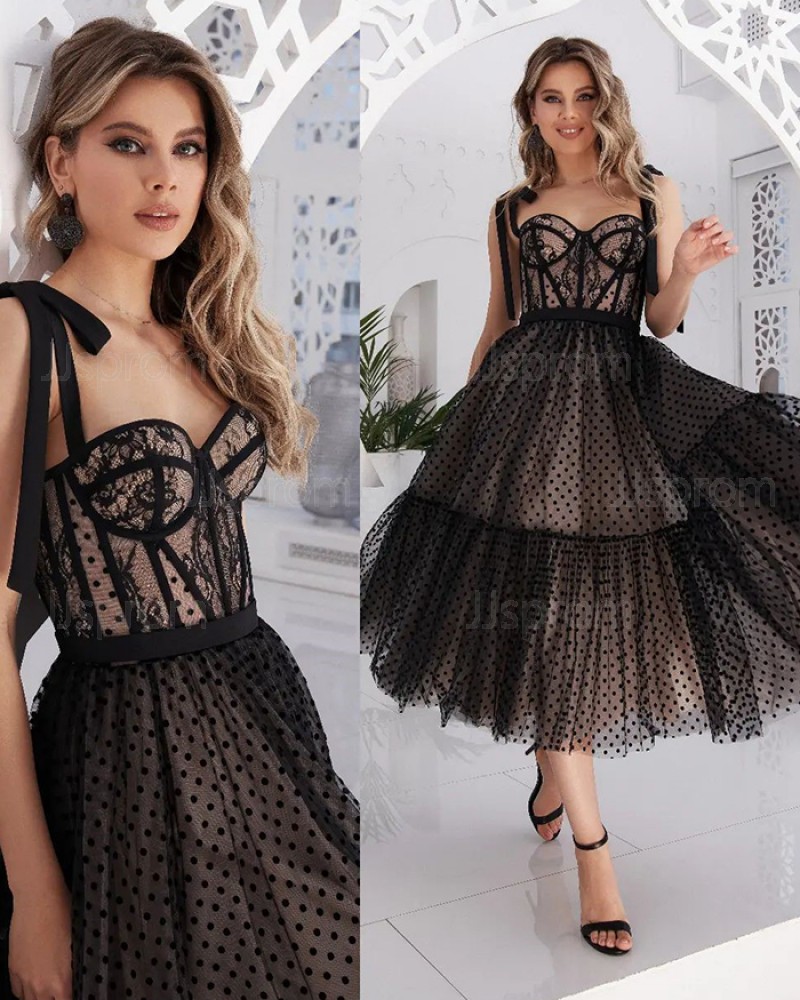 Polka Dot Square Neckline Ankle Length Black Formal Dress PM2734