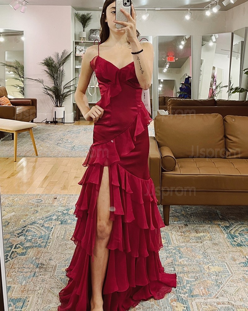 Burgundy Ruffled Spaghetti Straps Satin Prom Dress With Side Slit  PM2746