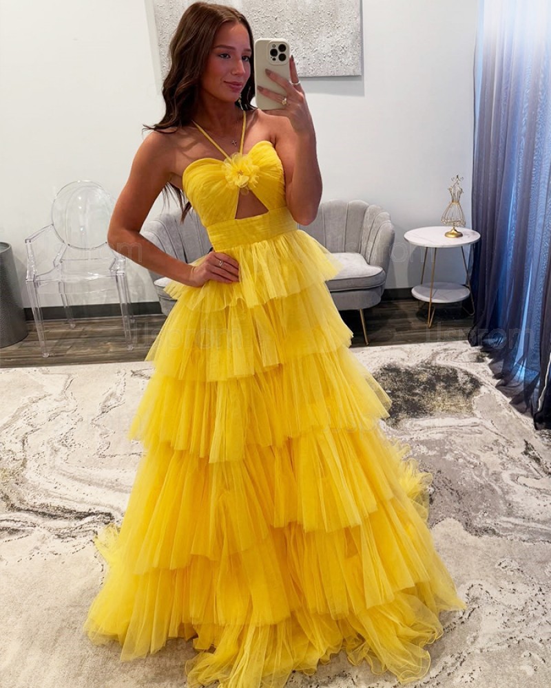 Tulle Yellow Layered Halter Cutout Prom Dress with Handmade Flower PM2763