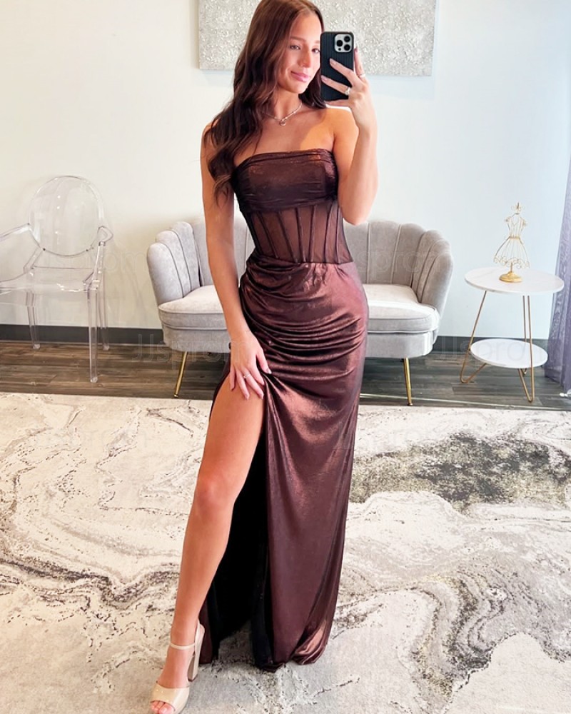 Strapless Brown Simple Satin Mermaid Prom Dress with Side Slit PM2768