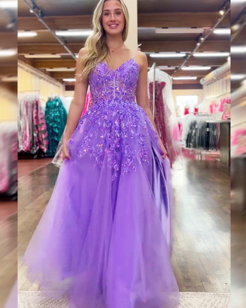 Spaghetti Straps Lace Applique Lavender Tulle Prom Dress with Side Slit PM2776