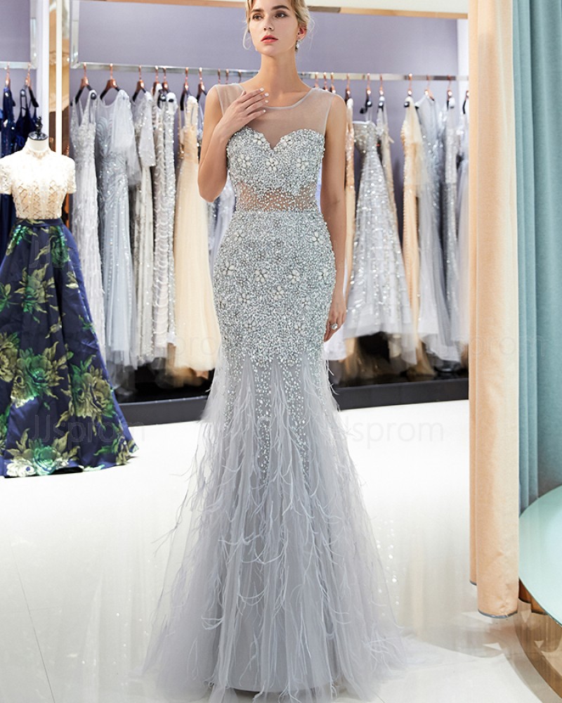 Gorgeous Sparkle Beading Sheer Neck Grey Mermaid Evening Dress QD022