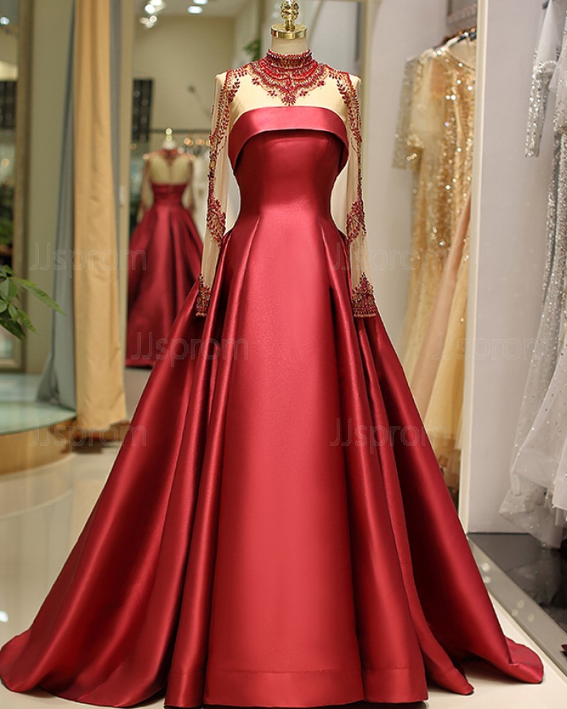 Buy high neck long sleeve beading bodice satin red pleated evening