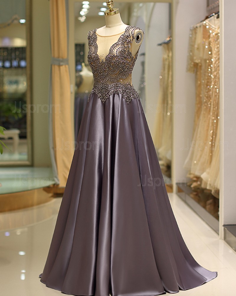 Elegant Pleated Satin Jewel Beading Bodice Evening Dress QD037
