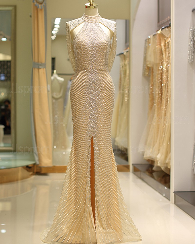 Amazing High Neck Beading Gold Tulle Evening Dress with Front Slit QD044