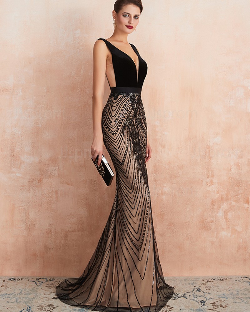 Gorgeous Black V-neck Sequin Lace Mermaid Evening Dress QD062