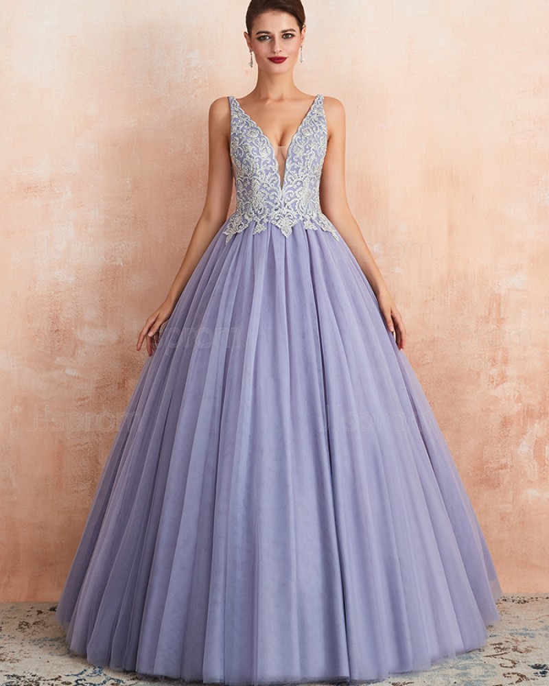 V-neck Lavender Beading Lace Bodice Pleated Evening Gown QD063