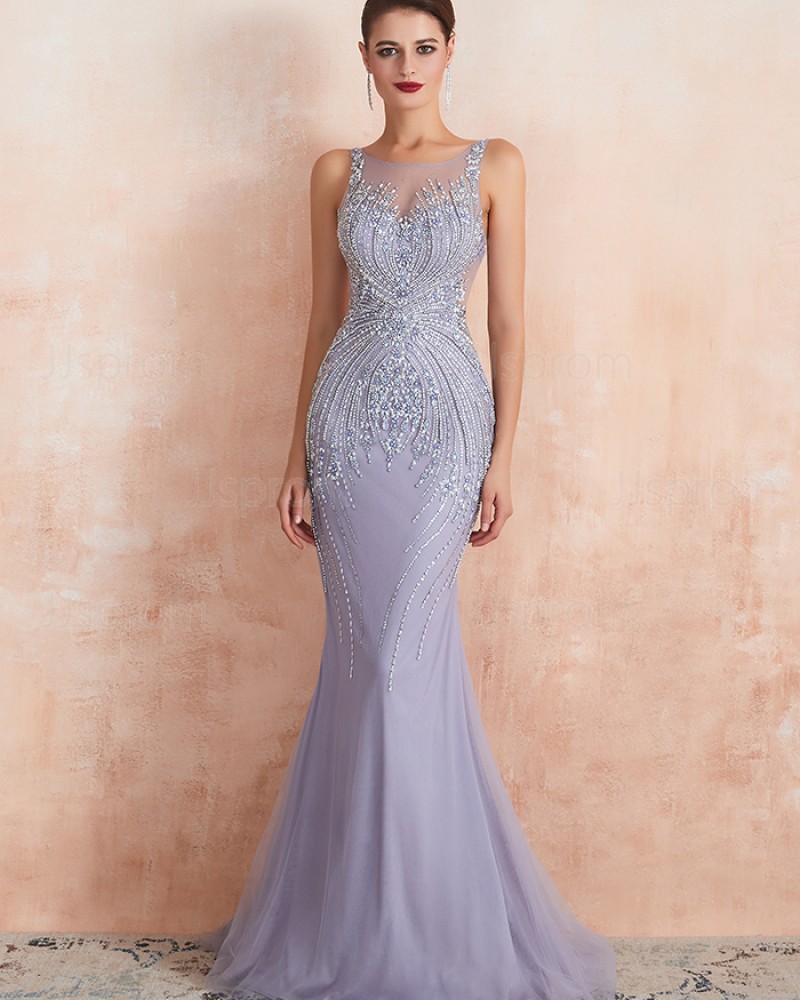 Elegant Light Purple Jewel Neck Beading Mermaid Tulle Evening Dress QD066