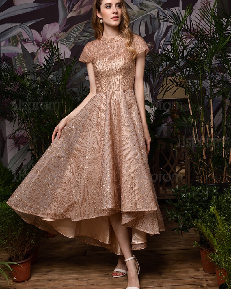 Rose Gold High Low High Neck Sparkle Evening Dress with Short Sleeves QD073