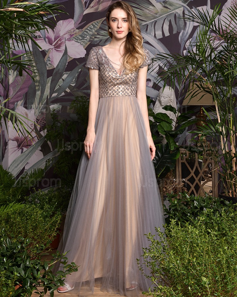V-neck Champagne Tulle Beading Bodice Evening Dress with Short Sleeves QD075