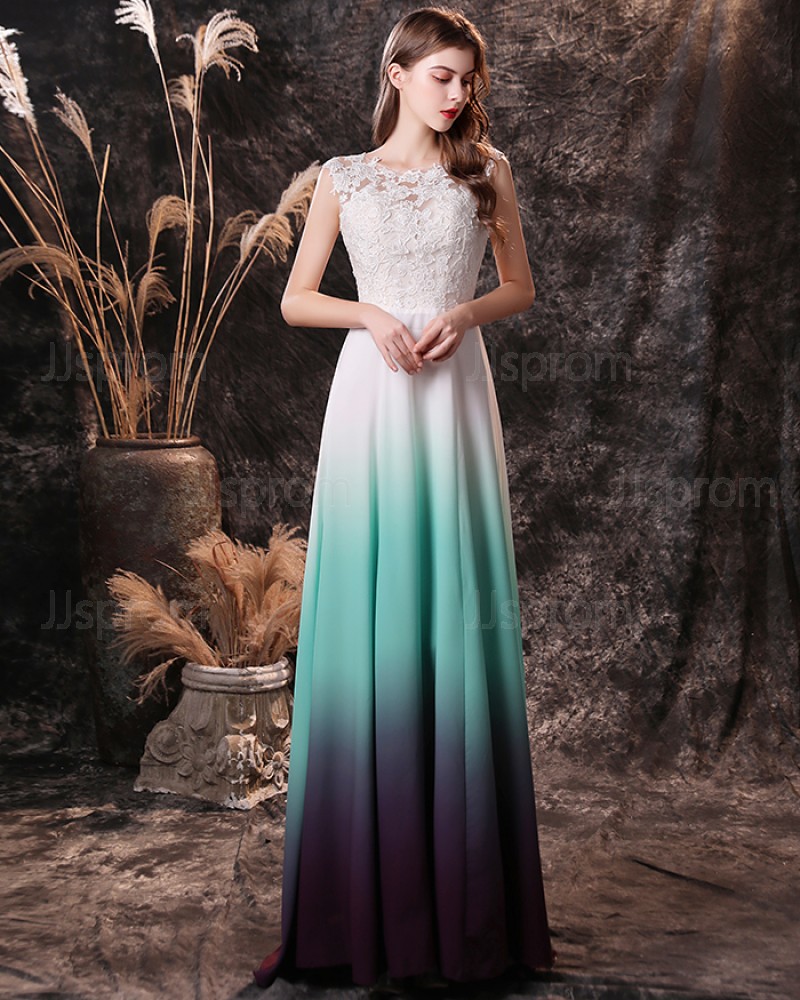 Lace Bodice Scoop Ombre Chiffon Prom Dress QD19457