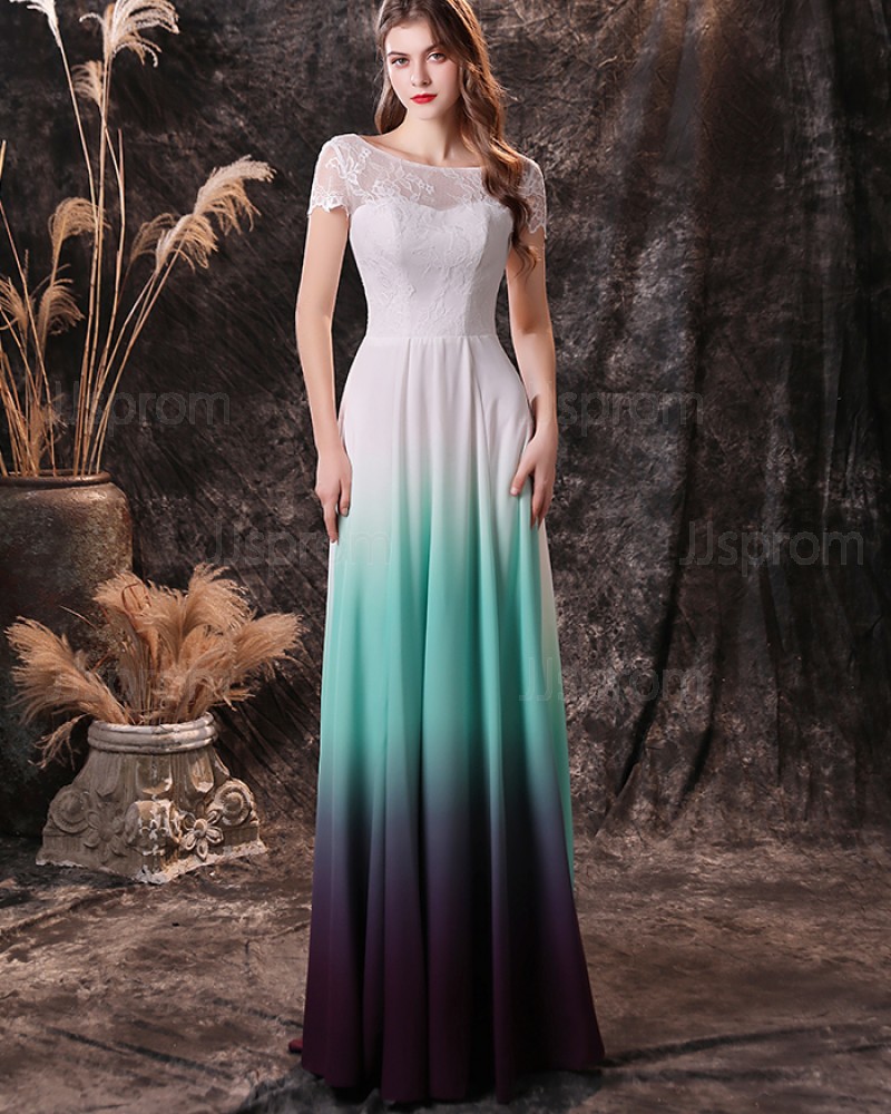 Ombre Lace Bodice Bateau Neckline Chiffon Prom Dress with Short Sleeves QD19458