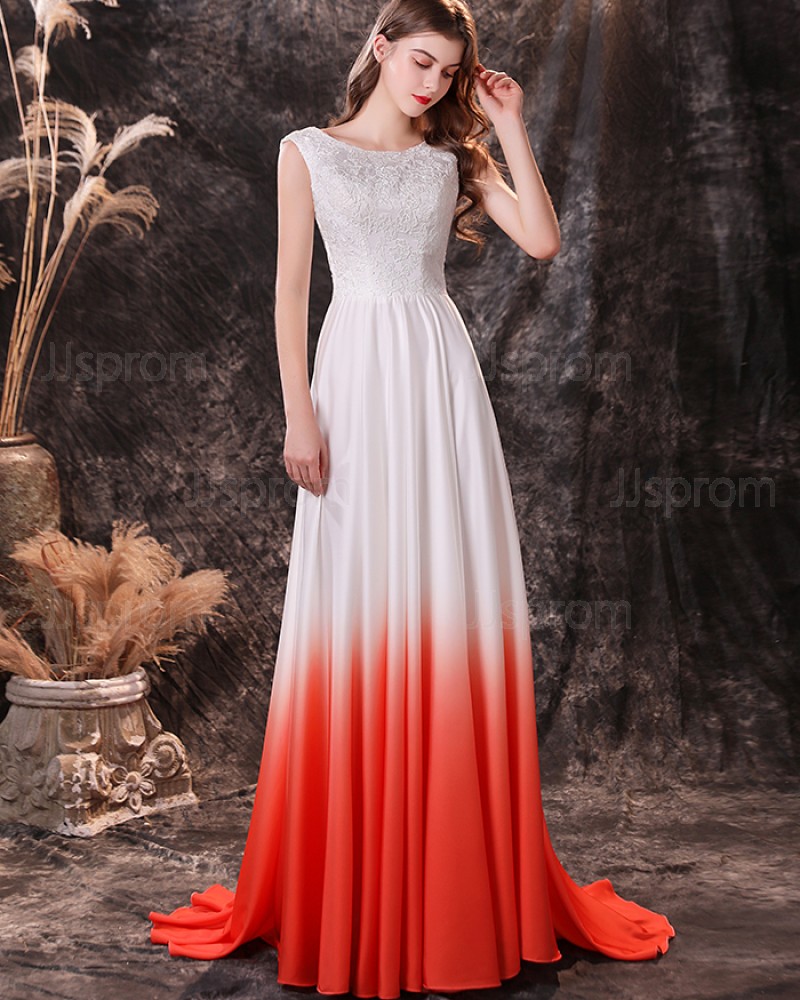 Ombre Lace Bodice Jewel Neckline Pleated Satin Prom Dress QD24451