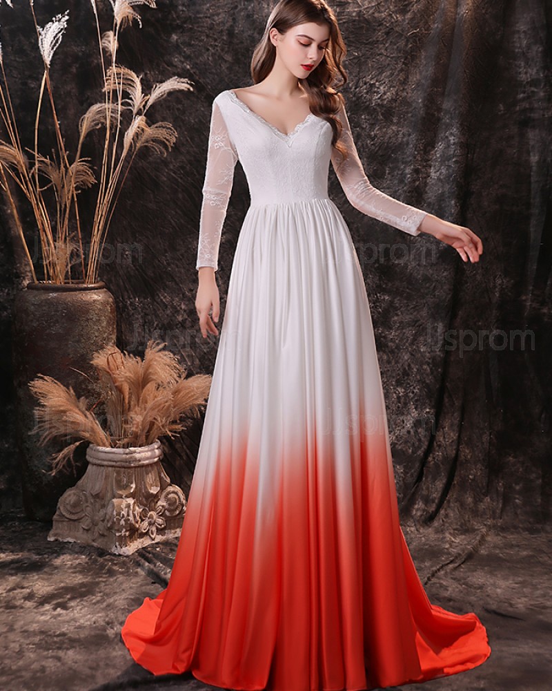 Lace Bodice V-neck Ombre Pleated Evening Dress with Long Sleeves QD24456