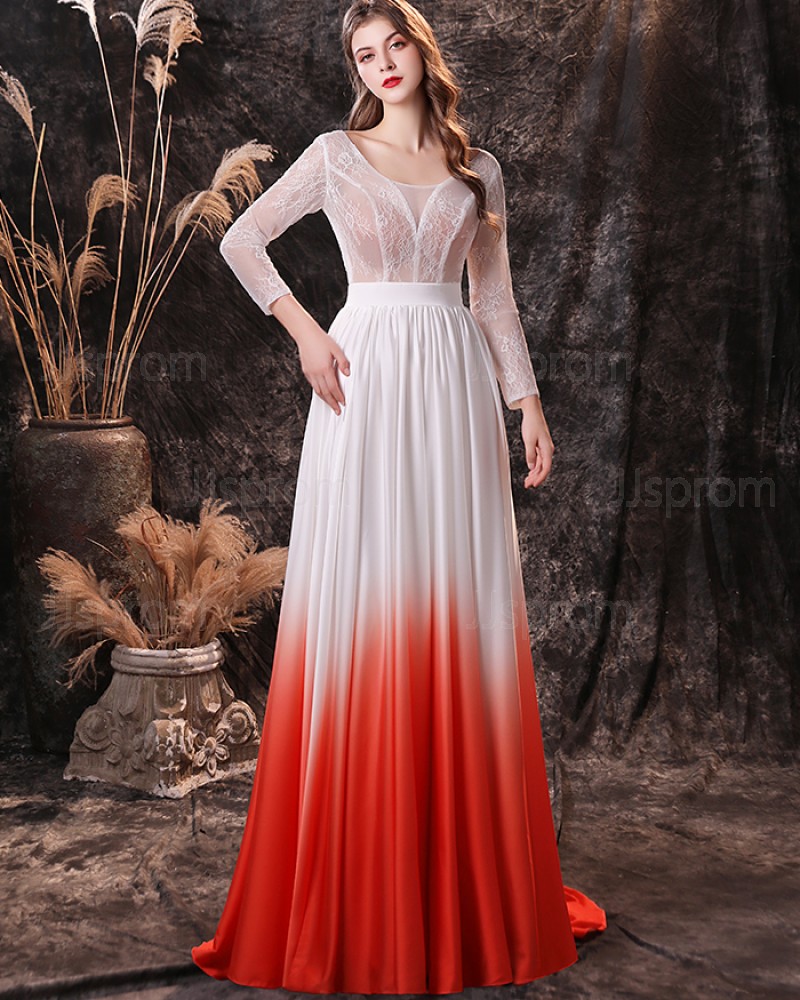 Lace Bodice Ombre Scoop Evening Dress with Long Sleeves QD27455