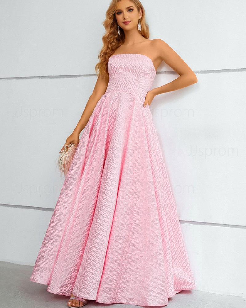 Pink Print Strapless Satin A-line Prom Dress QD281081