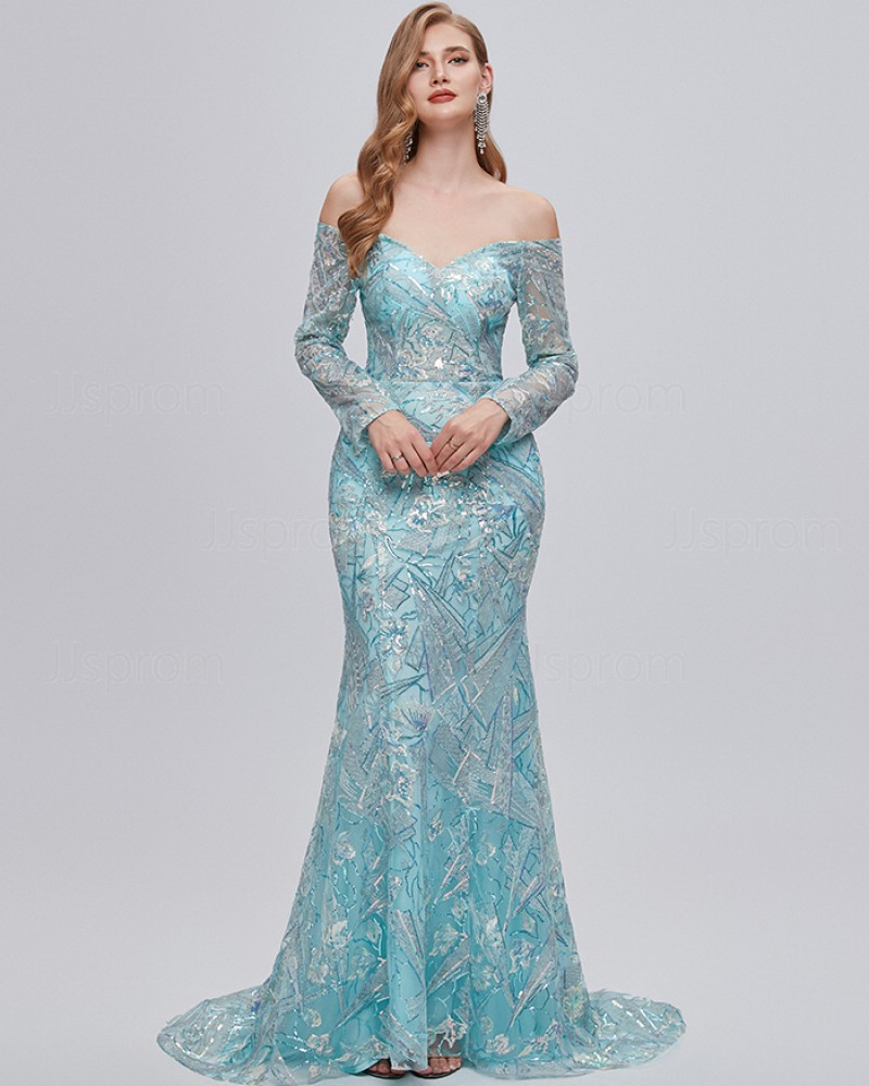 Floral Lace Off the Shoulder Mermaid Evening Dress with Long Sleeves QD381071
