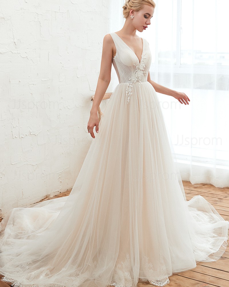 Appliqued Pleated V-neck Ivory 3D Flower A-line Wedding Dress QDWD003