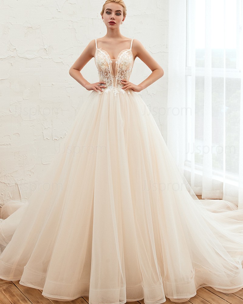 Ivory Beading Spaghetti Straps Lace Bodice Tulle Wedding Dress QDWD006