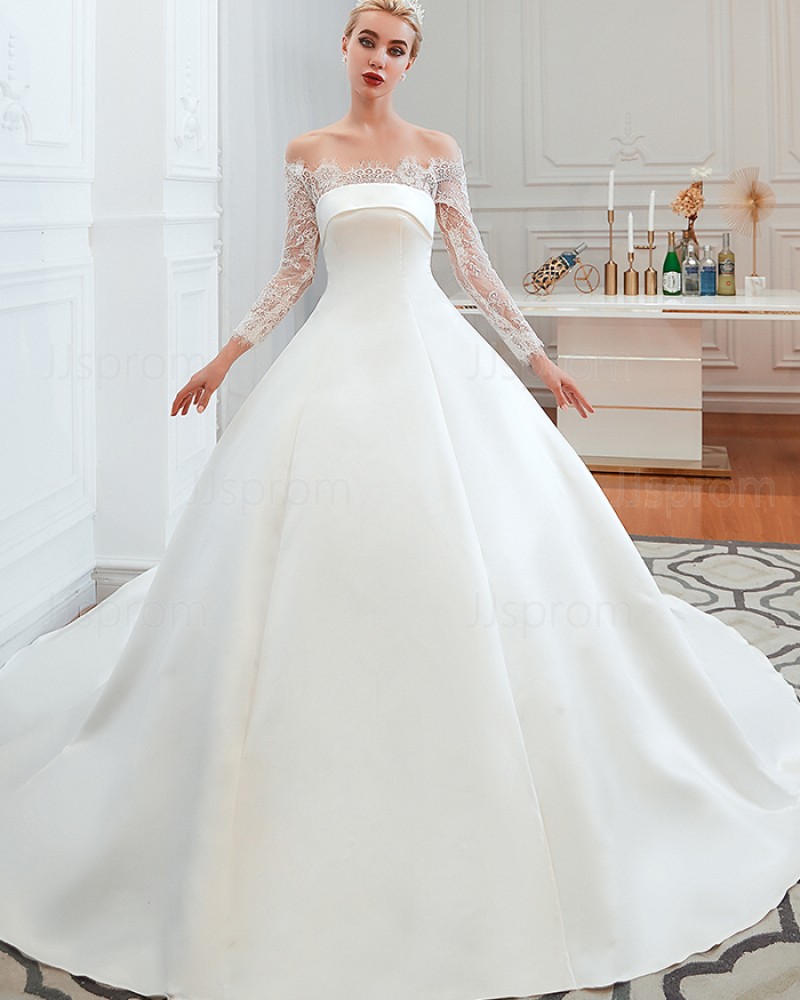Lace Applique Satin Off the Shoulder Fall Wedding Dress with Long Sleeves QDWD007