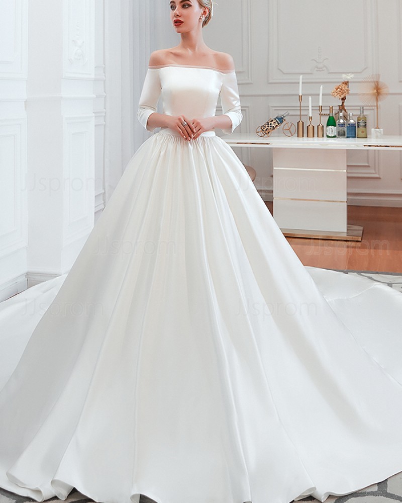 Simple Off the Shoulder Satin Long Wedding Dress with 3/4 Length Sleeves QDWD008