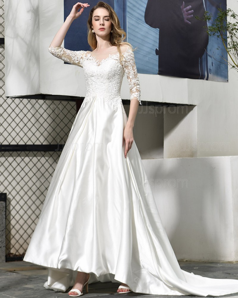 Bateau Neckline White Appliqued Satin Wedding Dress with Half Length Sleeves QDWD022