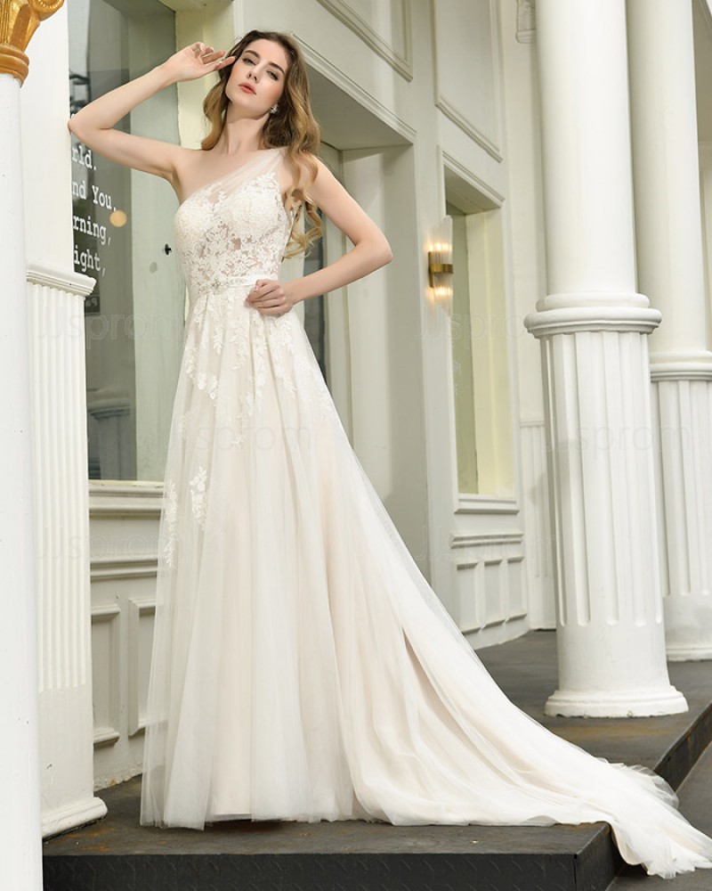 One Shoulder Lace Applique Ivory Tulle A-line Wedding Dress QDWD023