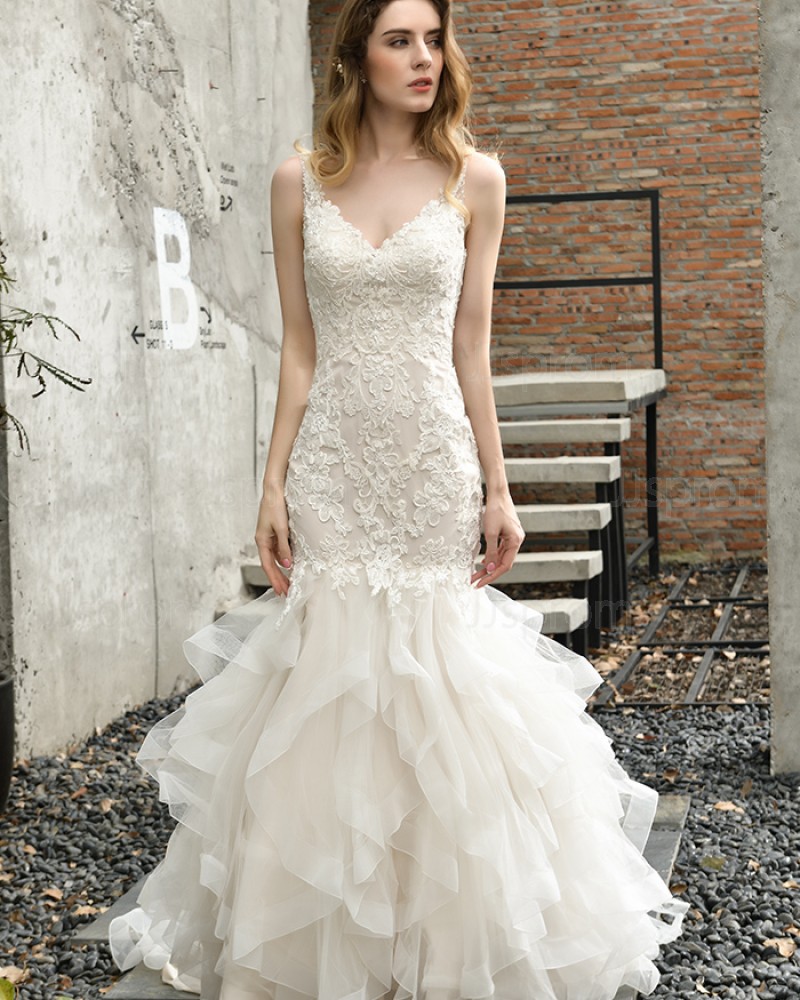 Lace Ruffled Ivory Lace Mermaid Wedding Dress QDWD028