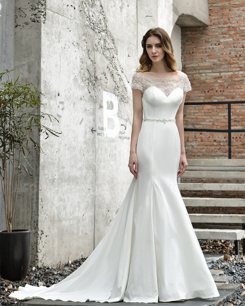 Bateau Satin Mermaid White Beading Wedding Dress with Short Sleeves QDWD030