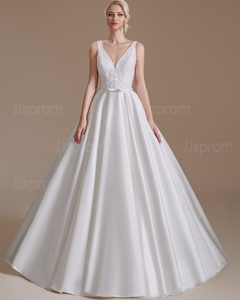 White V-neck Satin A-line Simple Wedding Dress with Lace Bodice SQWD2499