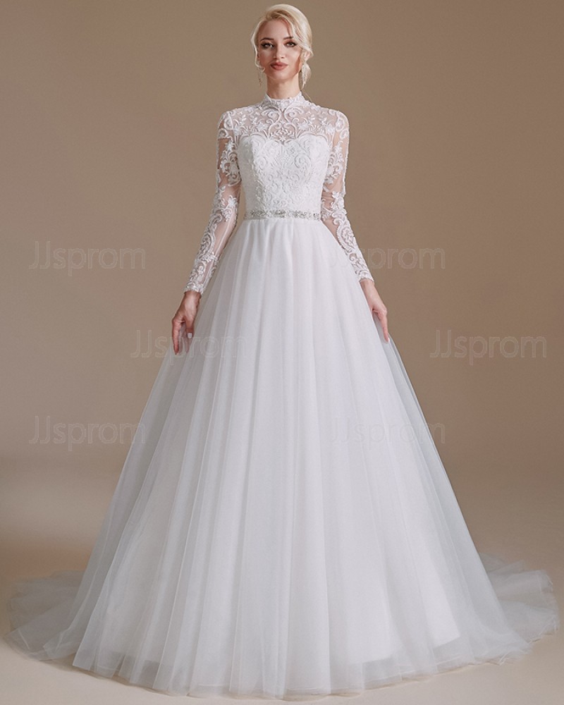 White Tulle High Neck Lace Bodice Wedding Dress with Long Sleeves SQWD2500