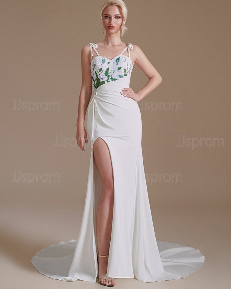 Ruched Chiffon Spaghetti Straps Mermaid Wedding Dress with Side Slit SQWD2501