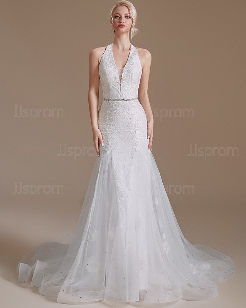 White Beading Cold Shoulder Tulle Mermaid Wedding Dress SQWD2502