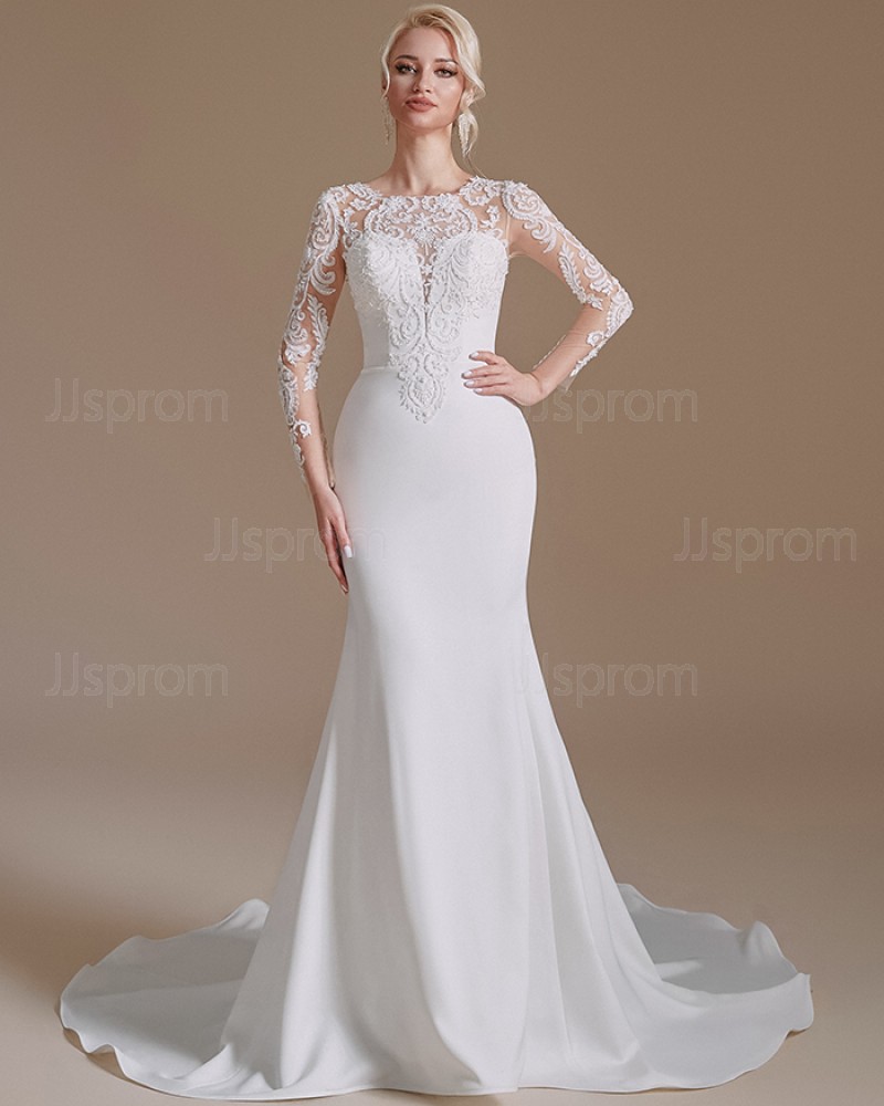 Lace Bodice Satin Jewel Neck White Wedding Dress with Long Sleeves SQWD2504