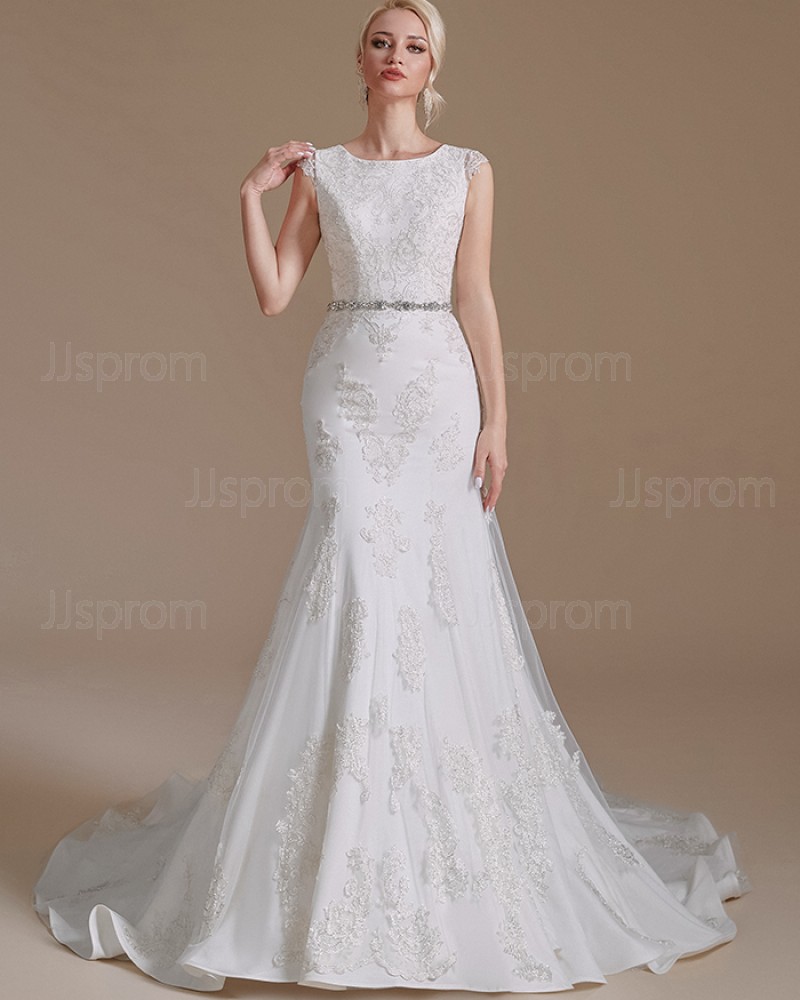 Lace Appliques Jewel White Mermaid Wedding Dress SQWD2505