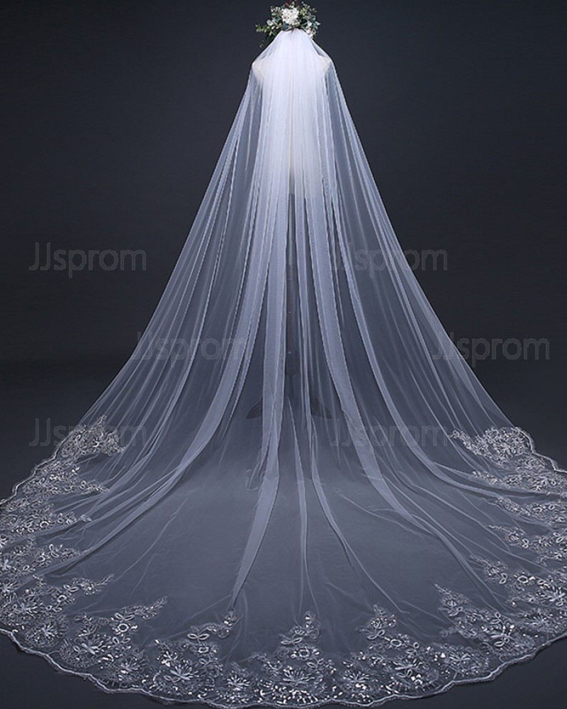 White Tulle Beaded Lace Edge Chapel Length Wedding Veil TS17103