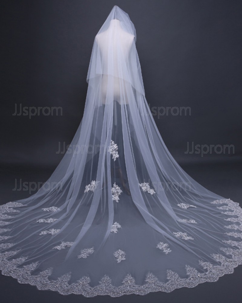 Two Tiers Lace Applique Tulle Chapel Length Wedding Veil TS17109
