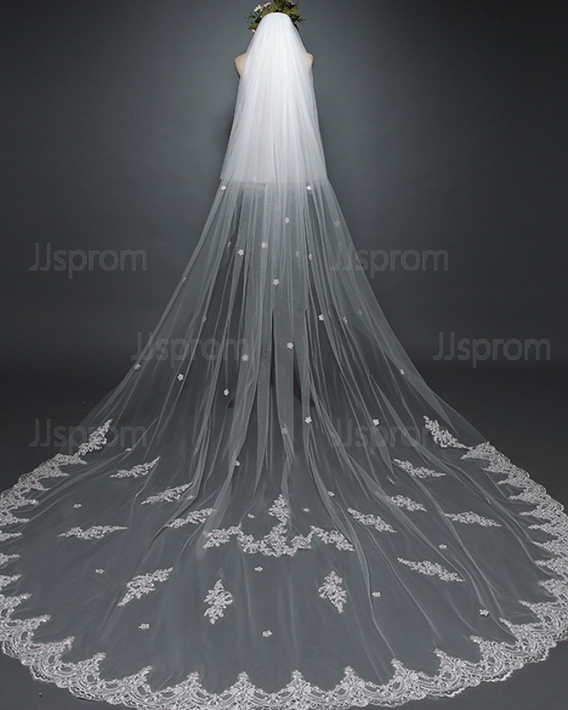 Two Tier White Lace Applique Cathedral Length Wedding Veil with Comb TS17117